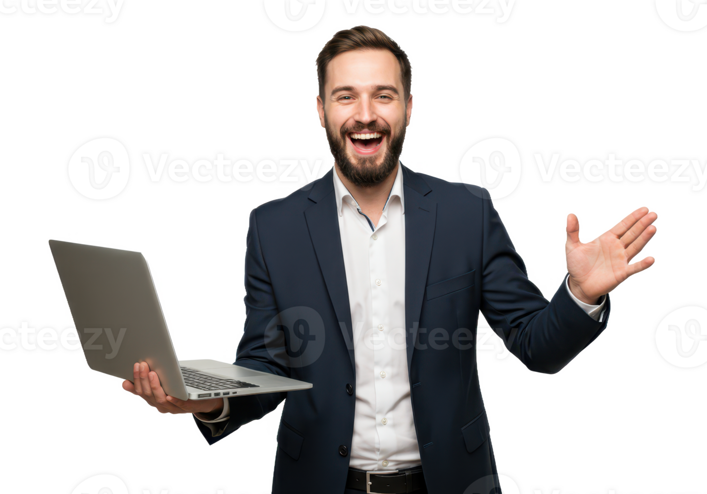 A cheerful man with short brown hair and a beard, wearing a dark blue suit and white shirt, holding a laptop in both hands and smilin isolated on transparent background png