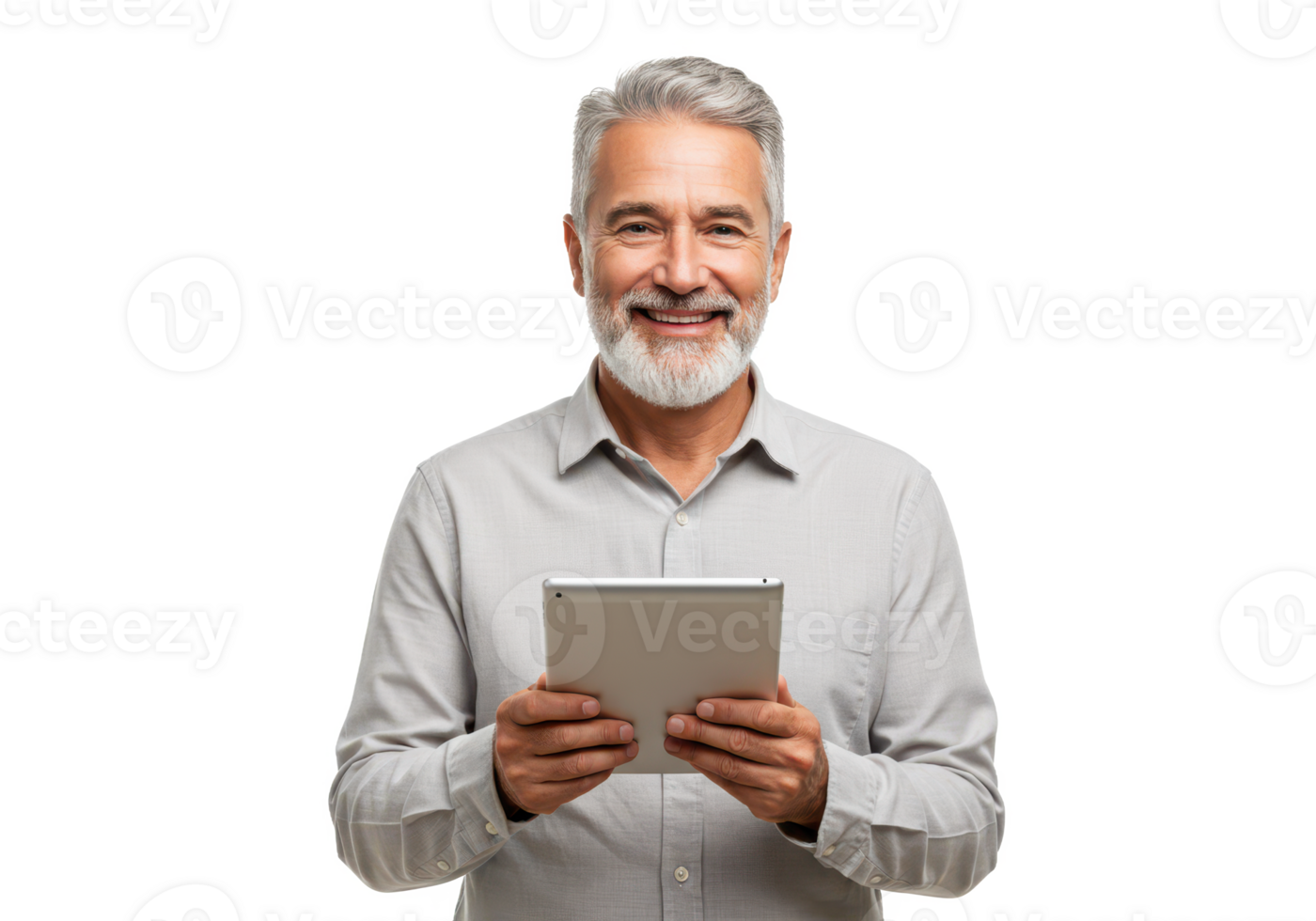 A mature man with short gray hair and a beard, wearing a light gray shirt, holding a tablet and smiling warmly isolated on transparent background png