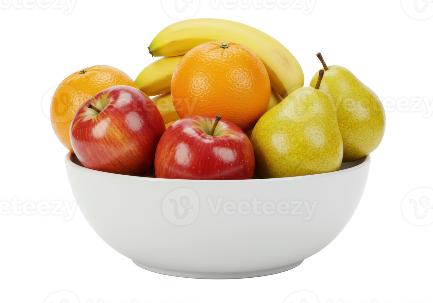 A white ceramic bowl filled with a variety of fruits, including bananas, apples, oranges, and pears isolated on transparent background png