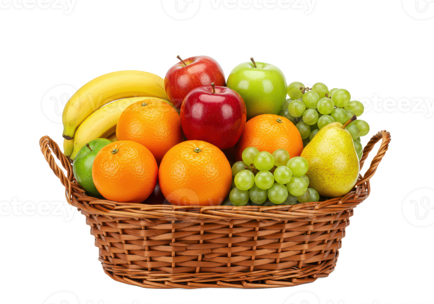 A wicker basket filled with an assortment of fresh fruits, including bananas, apples, oranges, grapes, and pears isolated on transparent background png