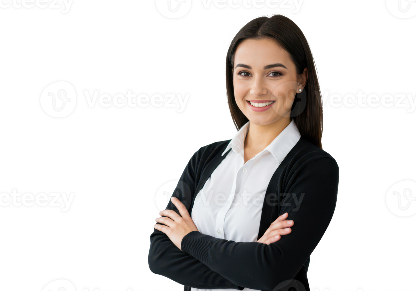 A woman in professional attire, wearing a white shirt and black cardigan, standing with arms crossed, smiling warmly isolated on transparent background png