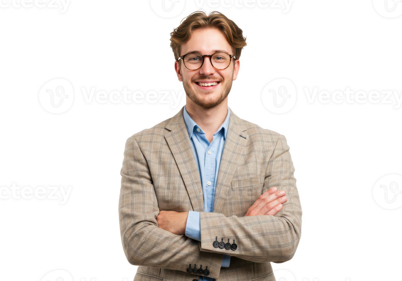 A young man with light brown hair, wearing glasses, a checkered beige blazer, and a blue shirt, standing with arms crossed and smiling isolated on transparent background png