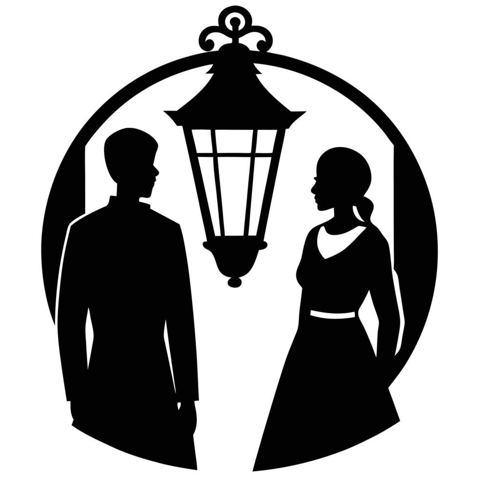 Romantic Couple Silhouetted Under a Lantern on White Background vector