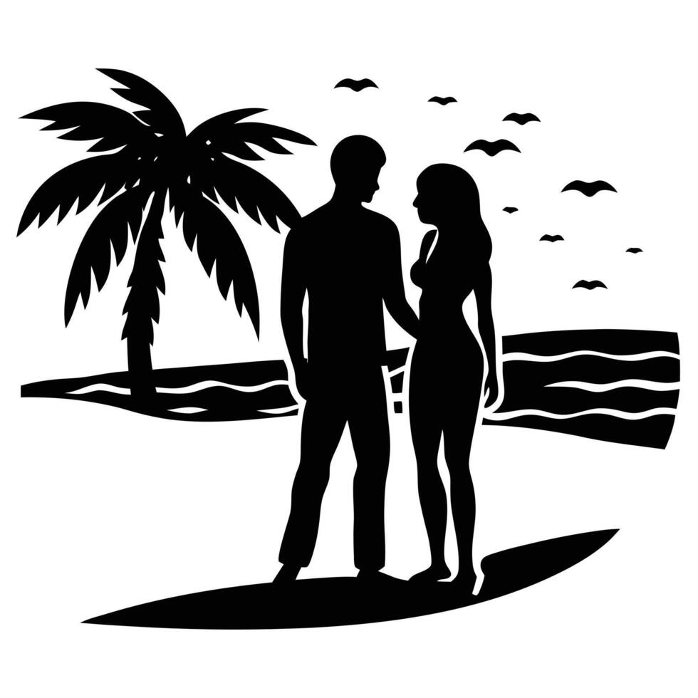 Couple Silhouette on Beach with Love Theme vector