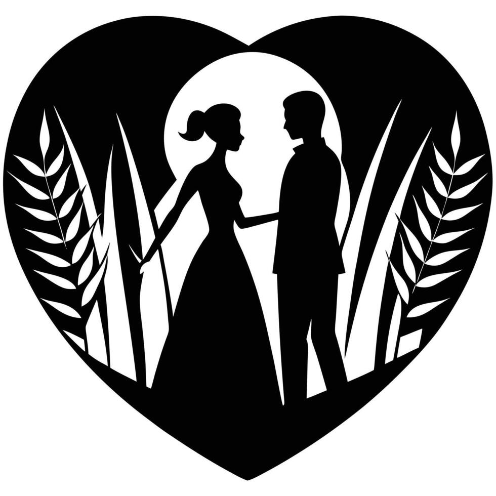 Silhouette of a Romantic Couple in a Field Isolated on White Background vector