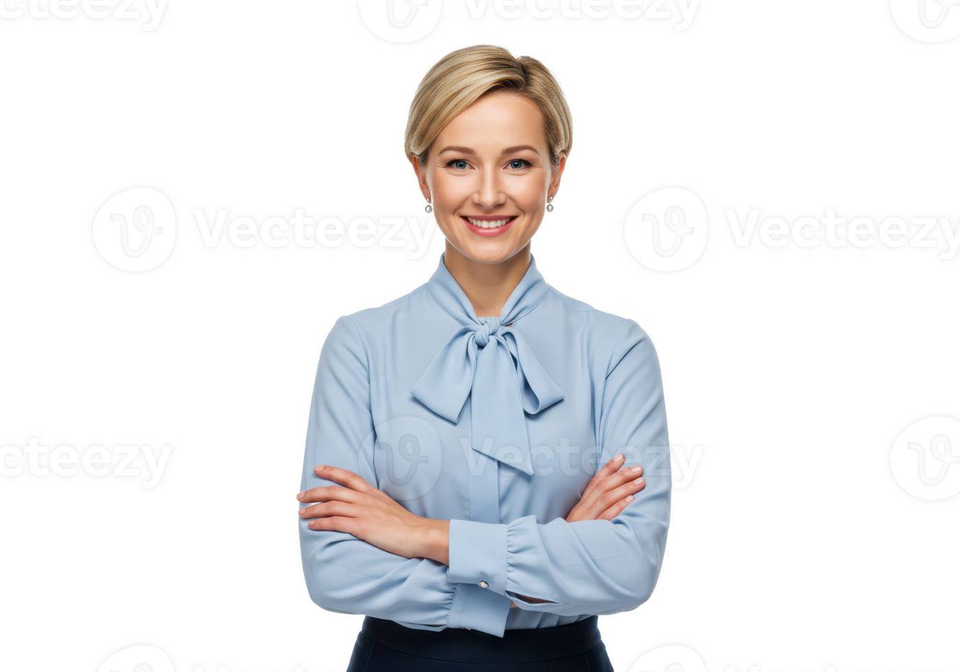 A professional woman with short blonde hair, wearing a light blue blouse with a bow and a dark skirt, arms crossed, smiling confidently isolated on transparent background png