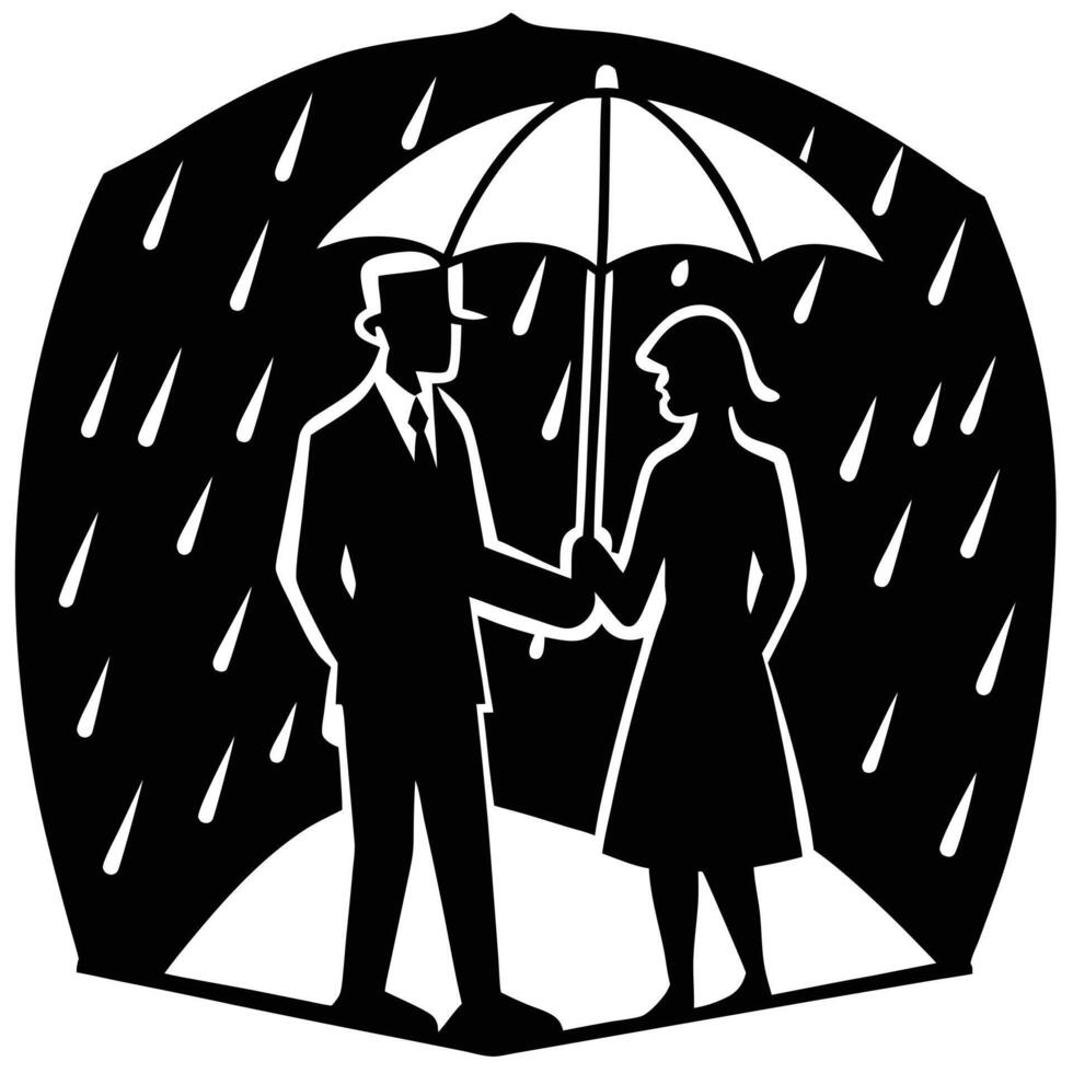 Couple in Rainstorm Silhouette on White Background vector