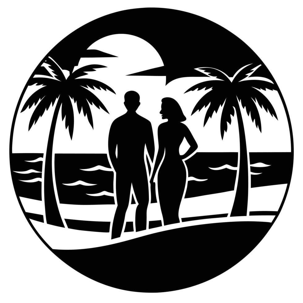 Couple in Love Silhouette on Beach with White Background vector