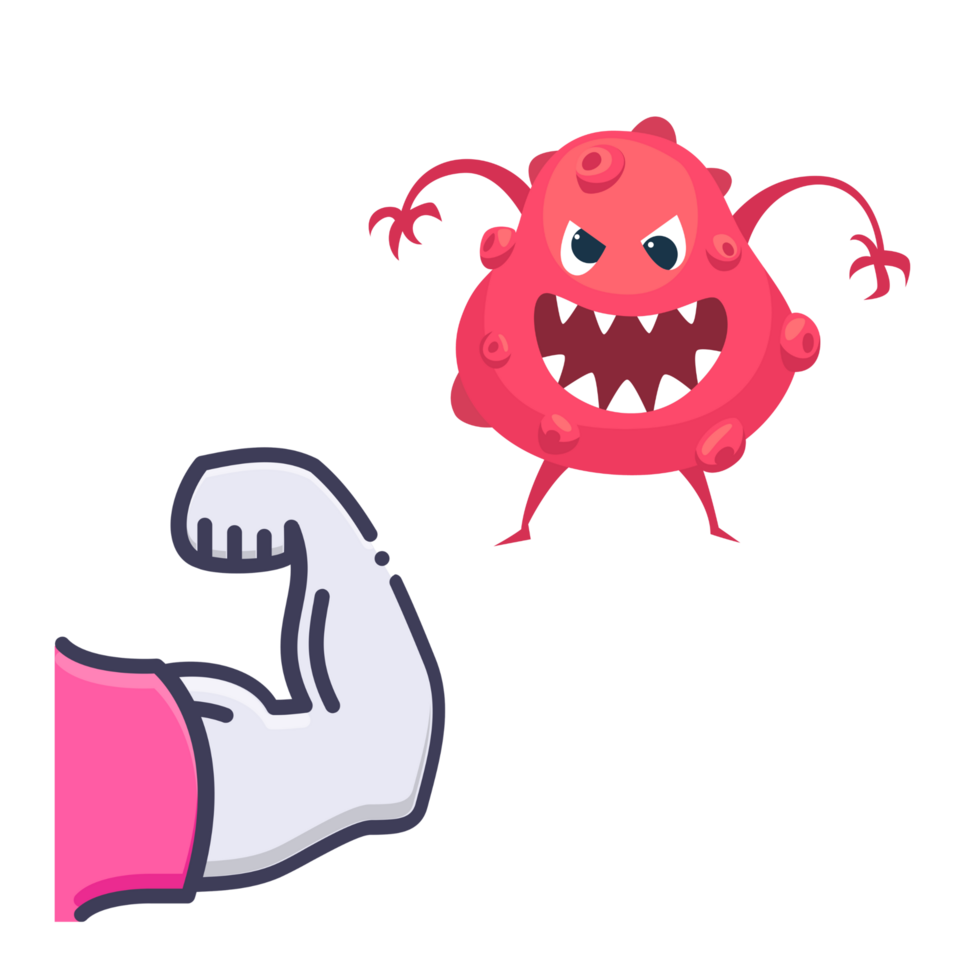 A cartoon character is flexing his arm next to a pink monster png