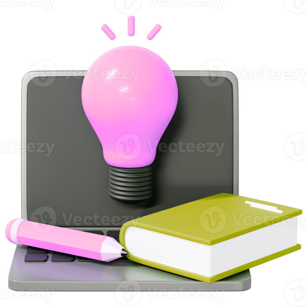A pink light bulb is sitting on top of a book and a pencil png