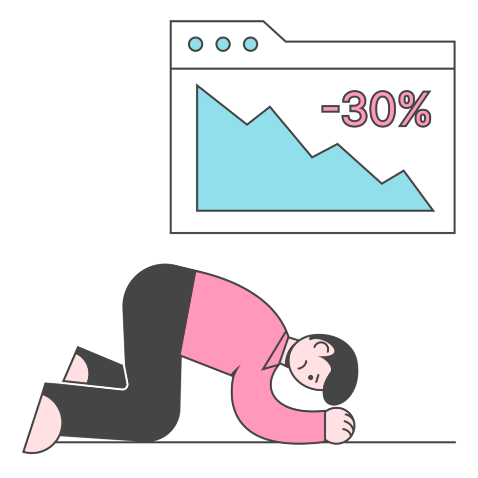 A man is kneeling down with his head down and a graph showing 30 percent png