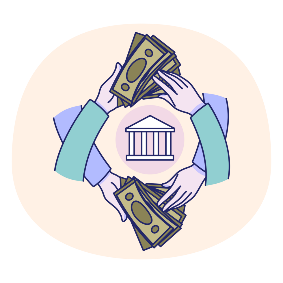 Two hands holding money and a bank building png