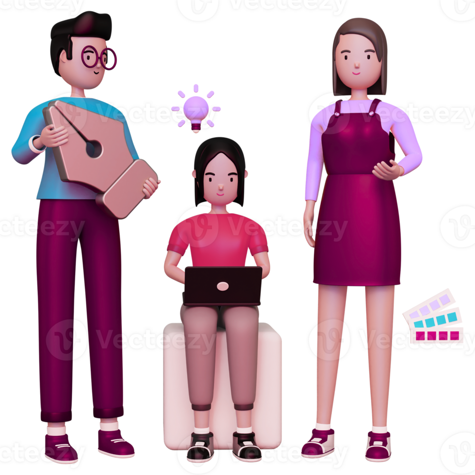 Three people are standing around a laptop and a pink laptop png