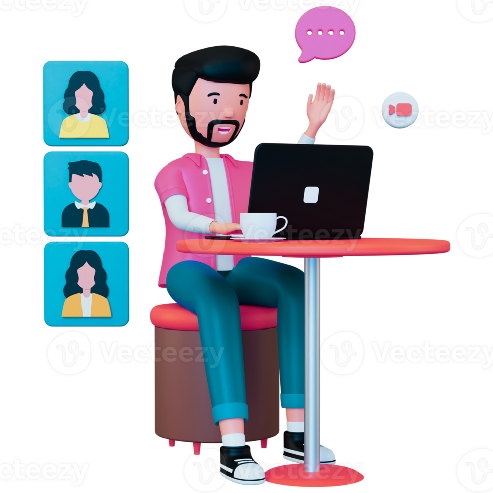 A man sitting at a table with a laptop and a chat bubble png