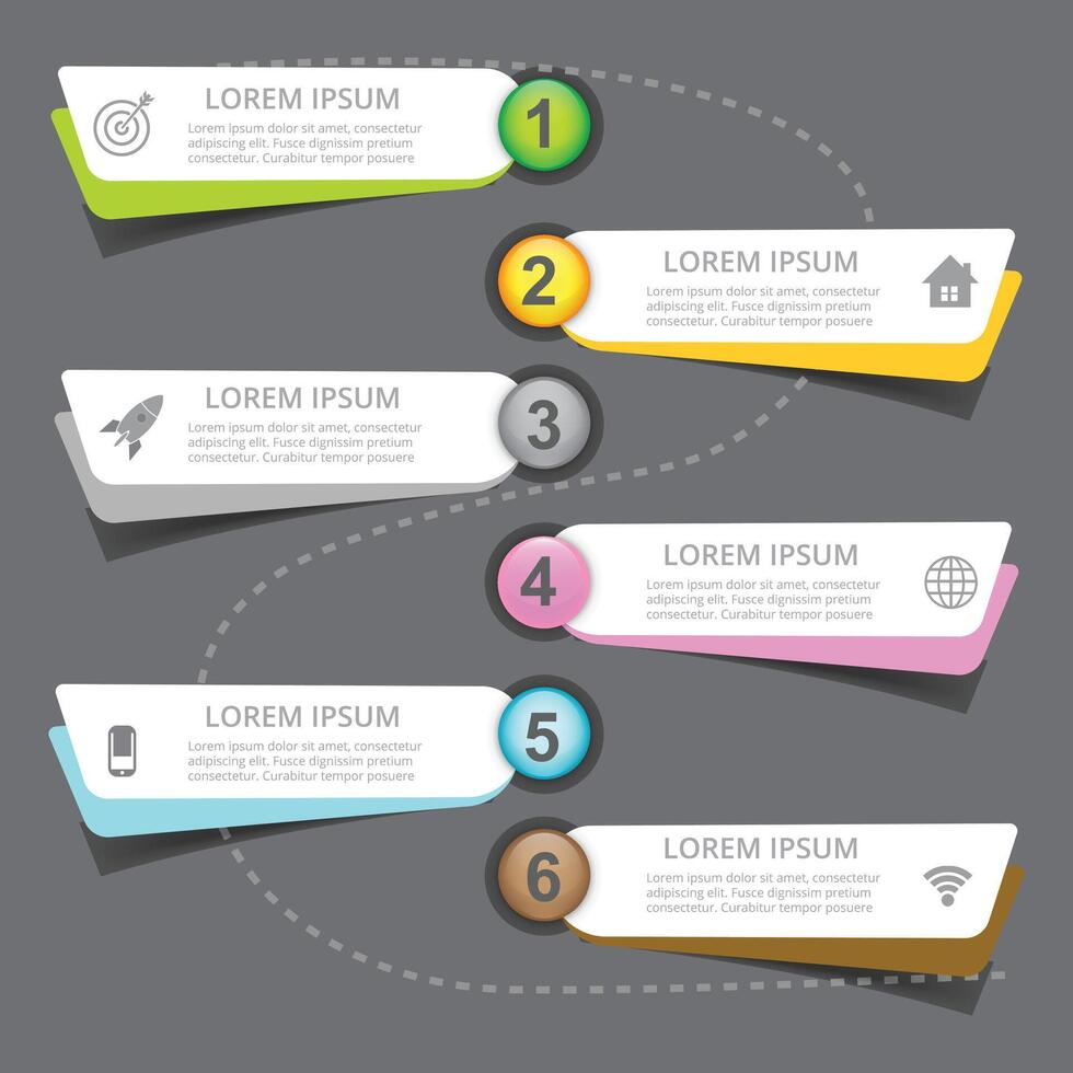 Business infographic with 6 options. On dark background template. vector