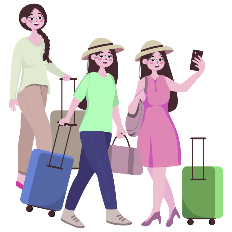 Three women with luggage and hats are walking png