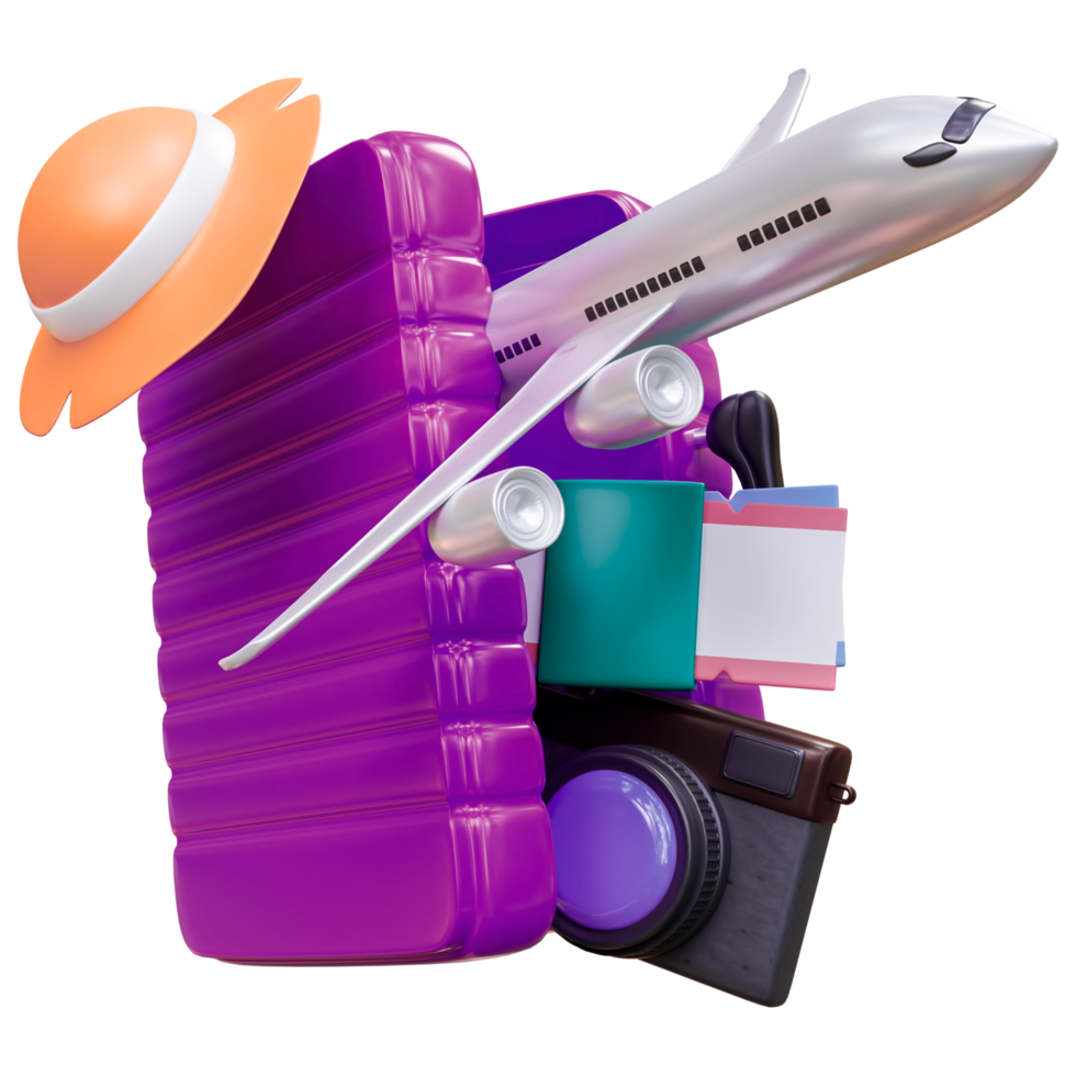 A purple suitcase with a hat, camera and other items png