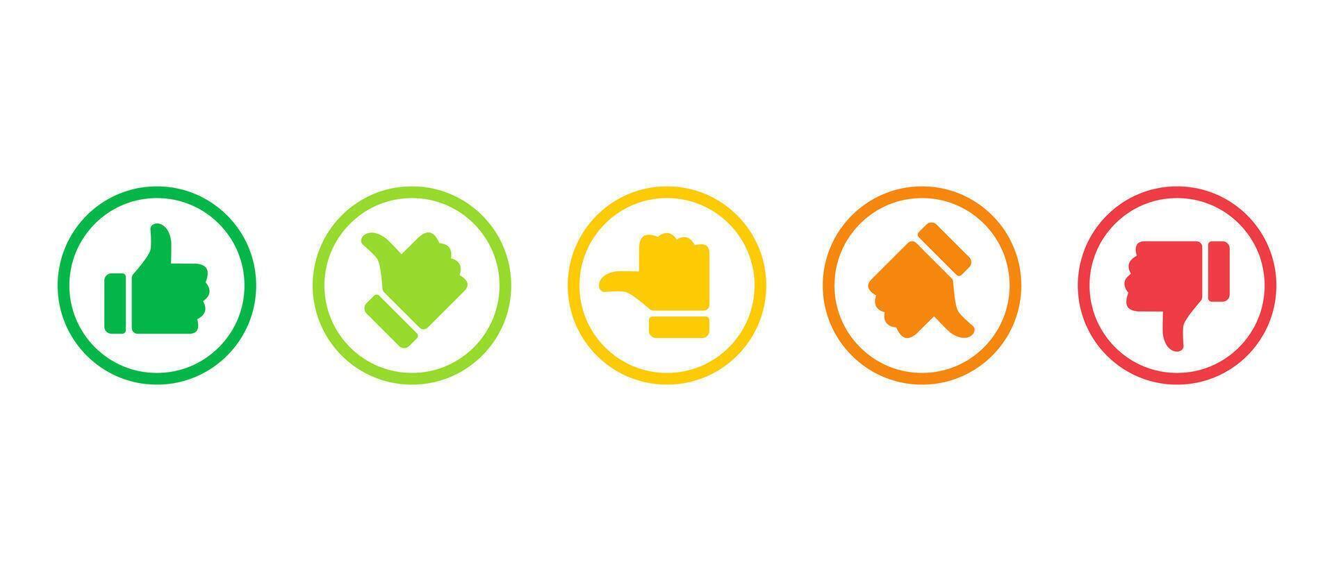 Rating, feedback scale thumb color icon on circle outline. Excellent, good, average, poor, and bad thumb color sign symbol vector