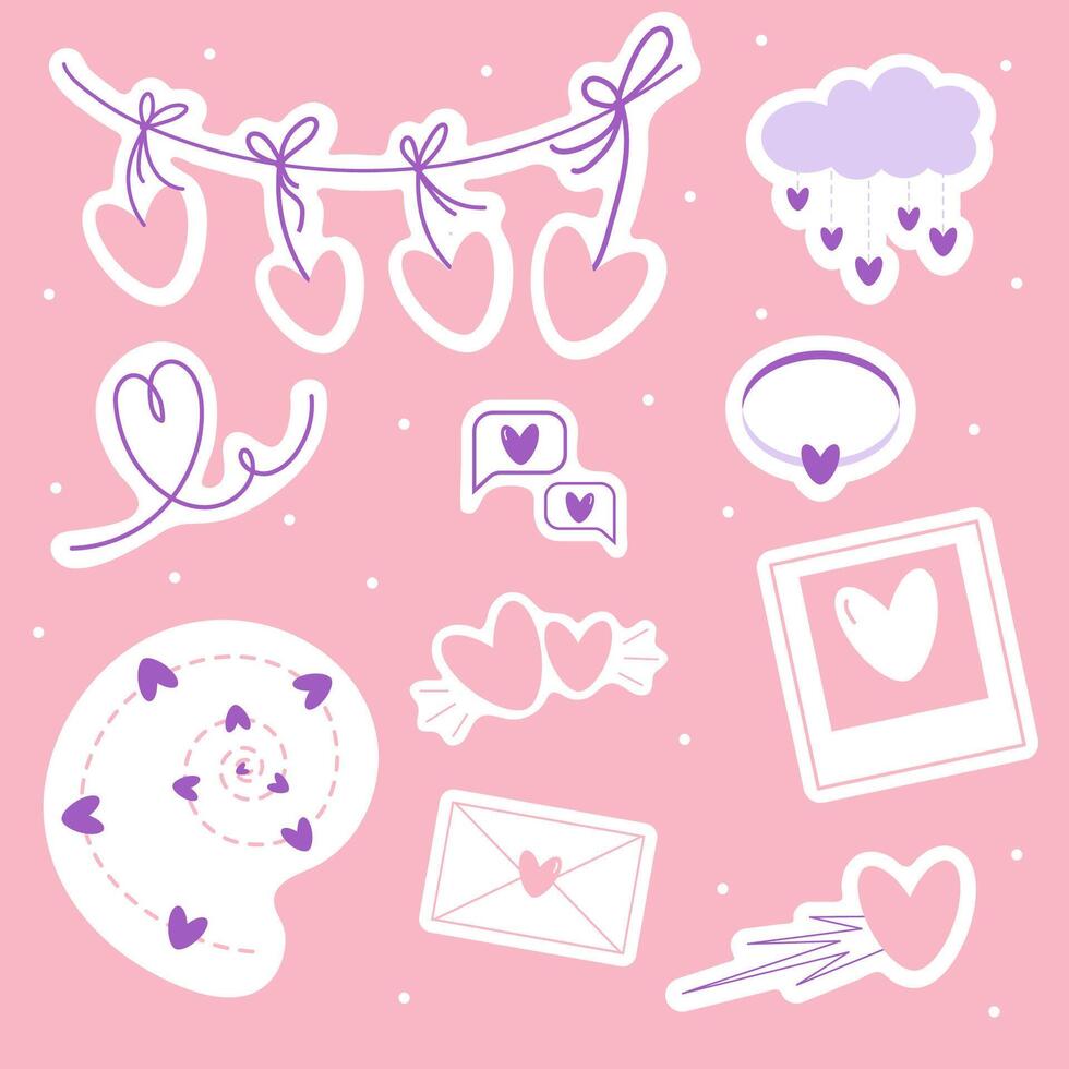 Set of Valentines day stickers with garland of hearts, line shapes, ring, chat bubble, cloud, asteroid, letter, photo card. Cartoon flat illustration. vector