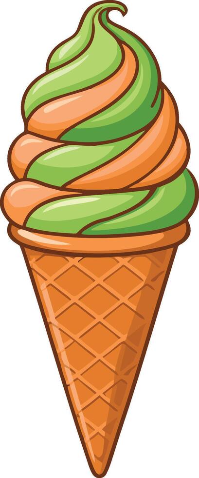 An ice cream cone with green and orange swirls vector