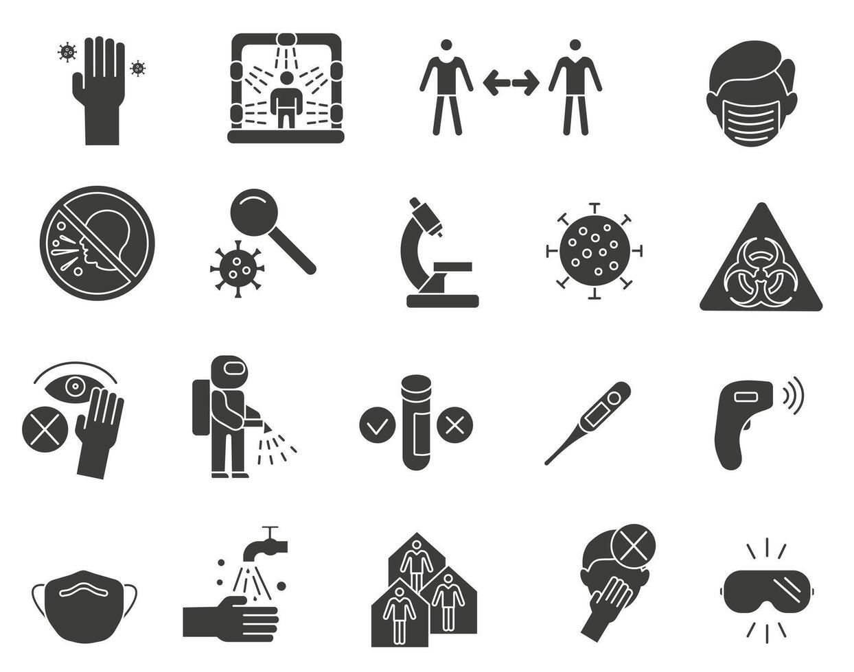 Dark icons related to the virus and its treatment. Preventing the spread of the virus. Virus and its treatment. vector