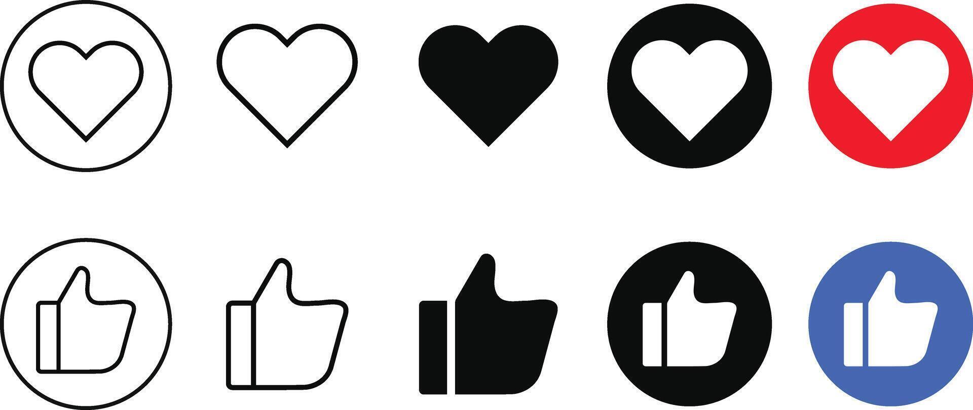 Like or thumb up icon set. Heart social symbol. Finger symbol vector