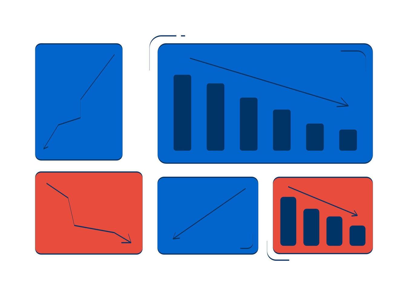 Falling graphs showing business crisis 2D doodle objects set. Stock market failure analytics cartoon elements flat cliparts isolated on white background. Hand drawn illustrations collection vector