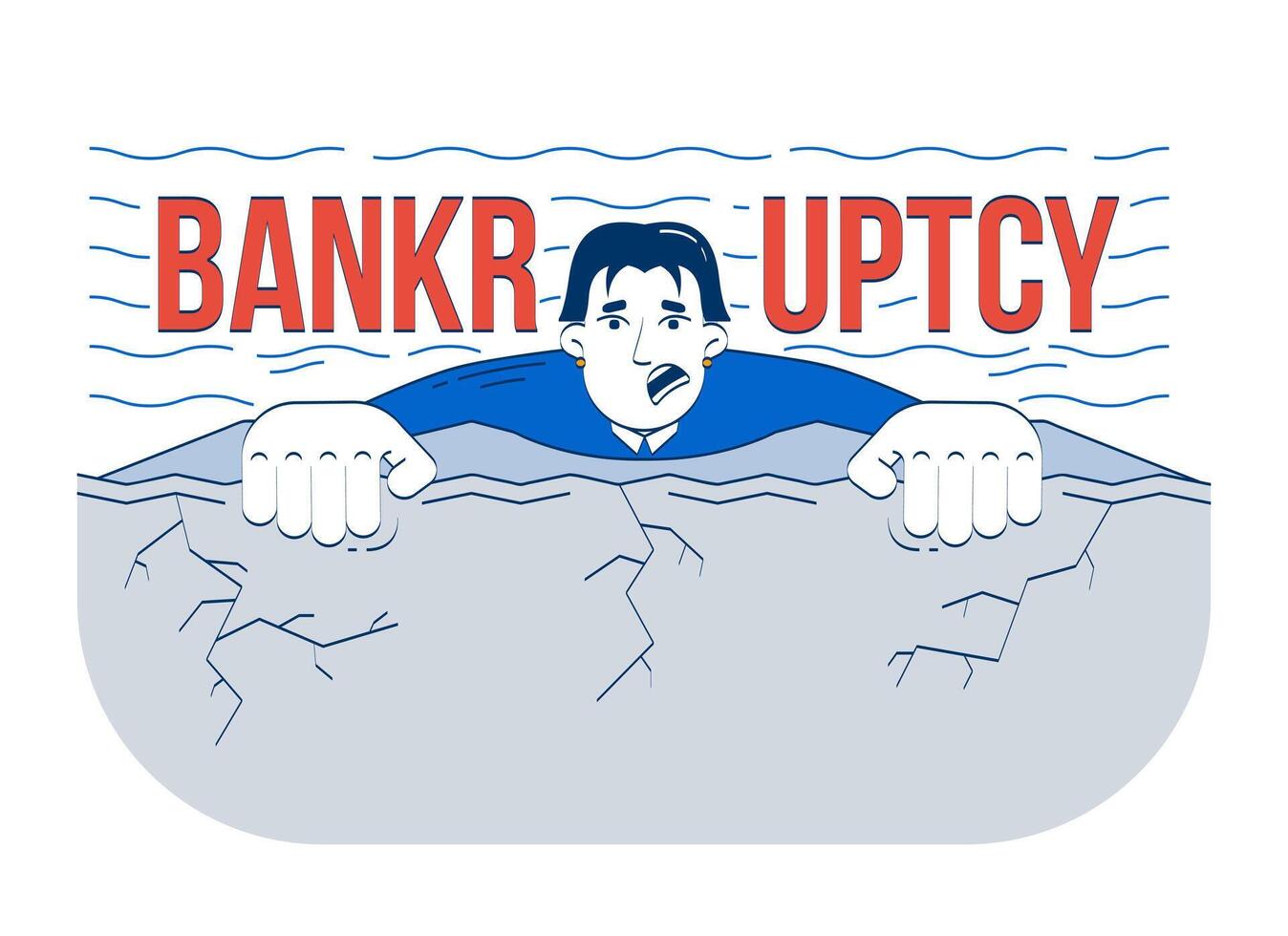 Bankruptcy problem doodle illustration concept. Business project failure. Scared korean businessman falling from cliff into water cartoon 2D character isolated on white. Hand drawn drawing vector
