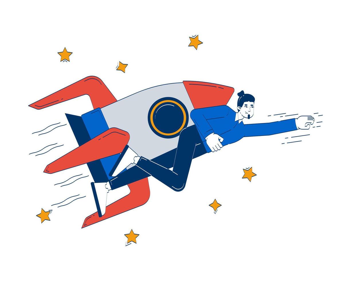 Startup boosting doodle illustration concept. Business development. Young caucasian businessman flying with rocket ship cartoon 2D character isolated on white. Hand drawn drawing vector