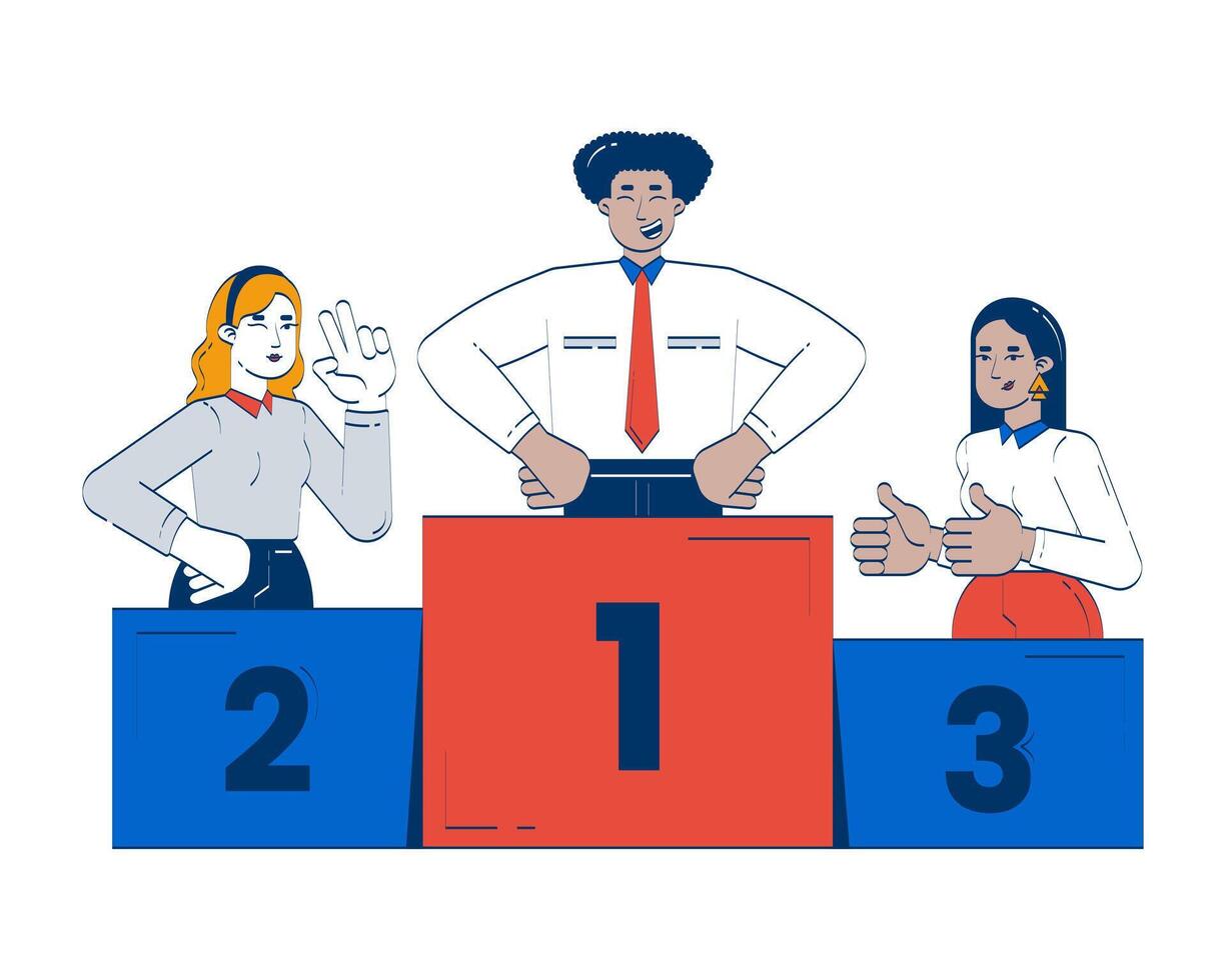 Business leadership doodle illustration concept. Success in commercial activity. Multicultural young entrepreneurs on podium finish cartoon 2D characters isolated on white. Hand drawn drawing vector