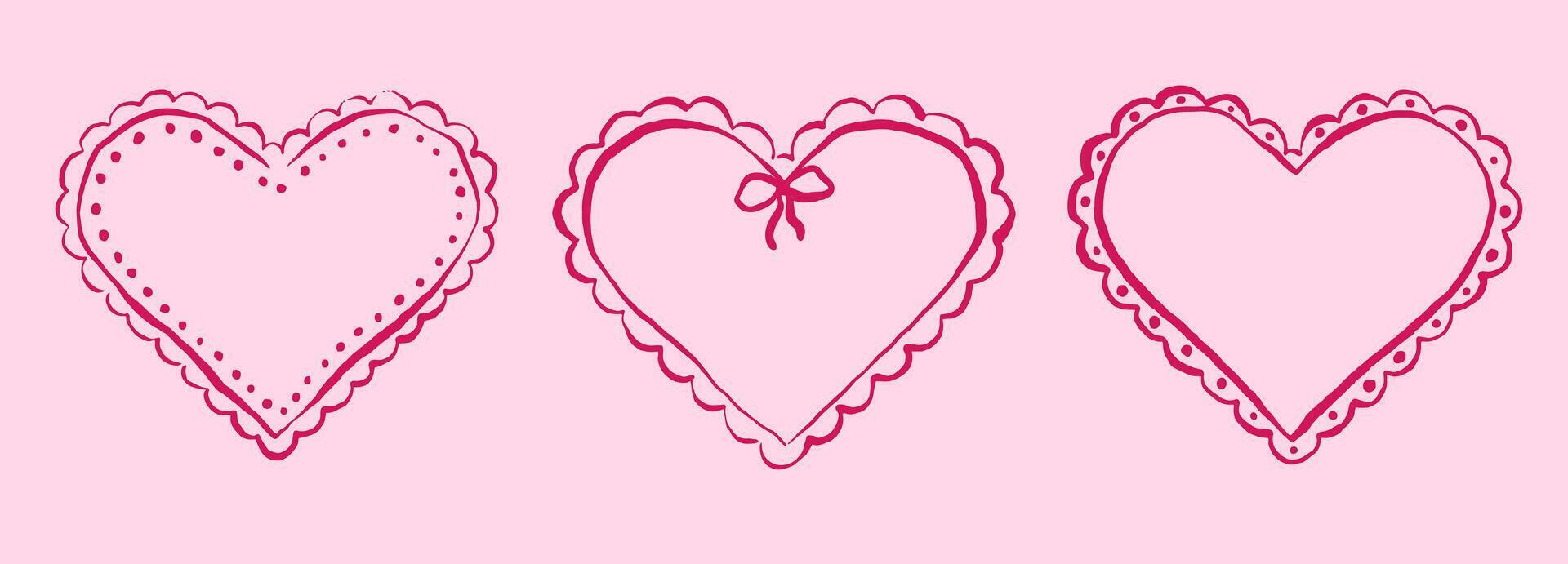 Set of scallop frame heart shape. Vintage element for greeting card. Simple Badges with Zig Zag Borders in doodle ink style vector