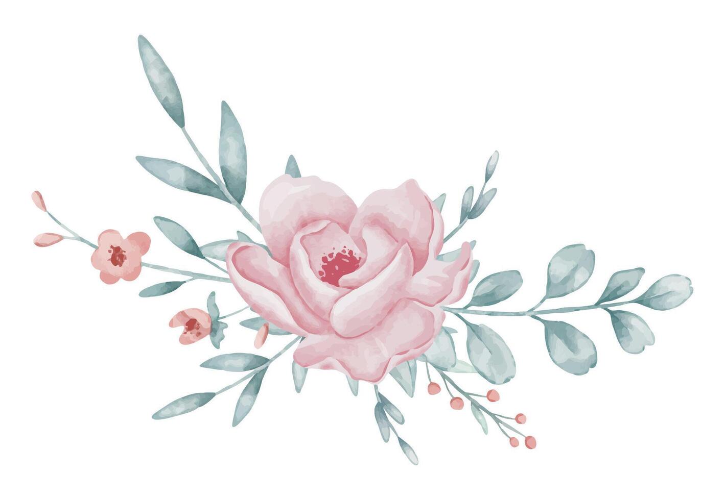 Watercolor Floral composition with pink Roses and green eucalyptus leaves. Hand drawn illustration for wedding invitation or childish greeting cards in natural pastel tones. Cute botanical drawing. vector