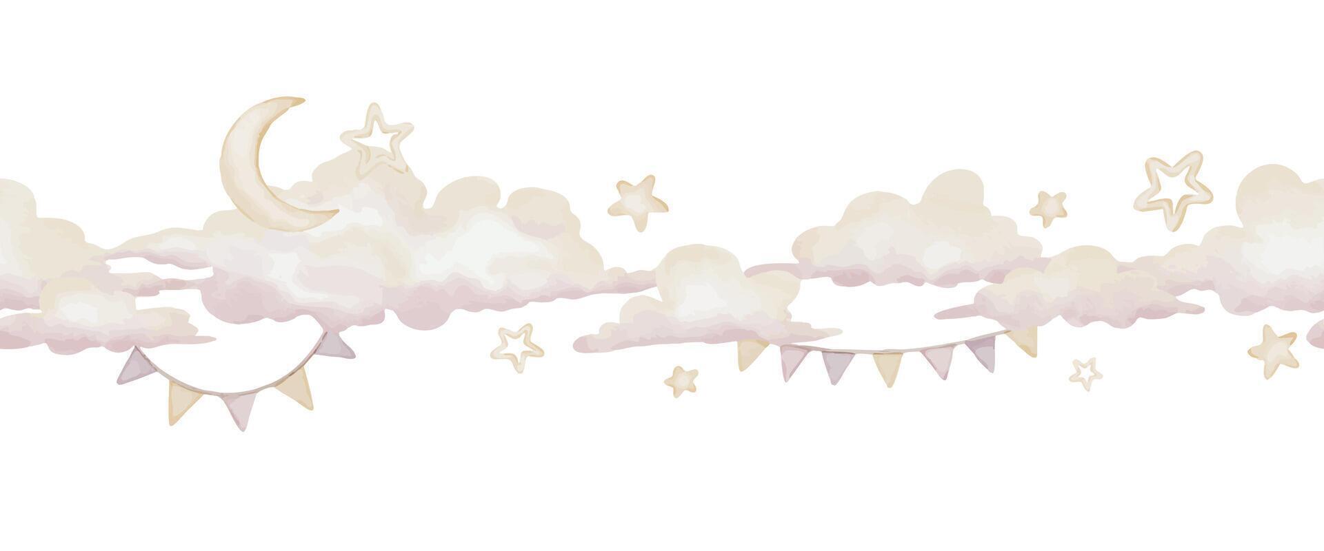 Watercolor Border with soft clouds, stars, and a crescent moon. Illustration of a seamless pattern for baby shower invitations, birthday cards, or nursery designs. Pastel frame for childish design. vector