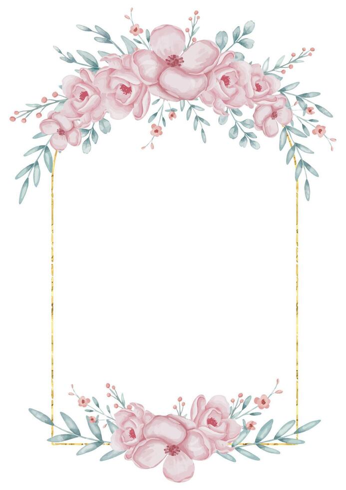 Watercolor floral Frame featuring pink roses and green leaves, complemented by golden lines. Illustration of Floral wreath for wedding invitations, childish greeting cards, or elegant templates. vector