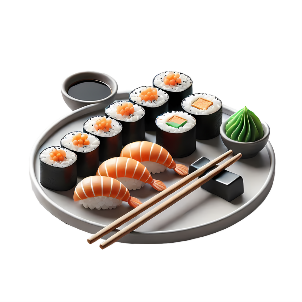 Sushi on a plate with chopsticks and sushi png