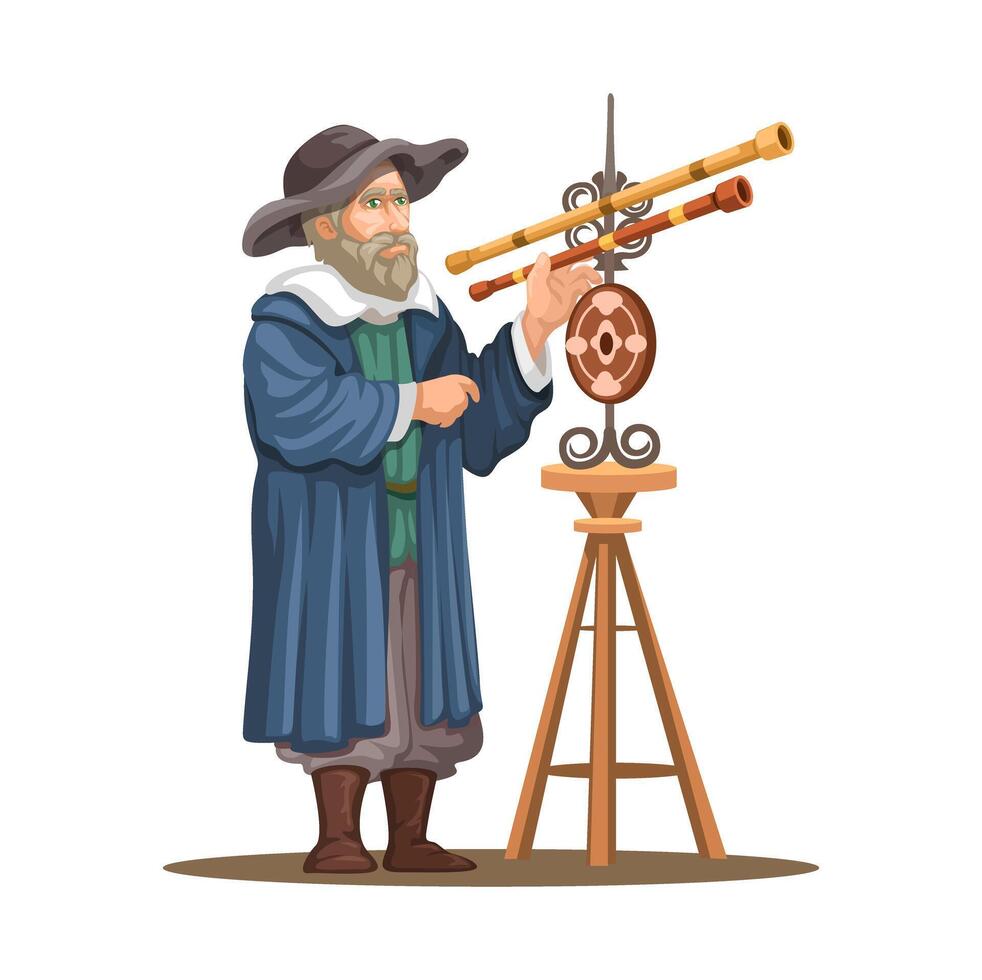 Galileo Galilei The Father of Observational Astronomy Character With Telescope Illustration vector