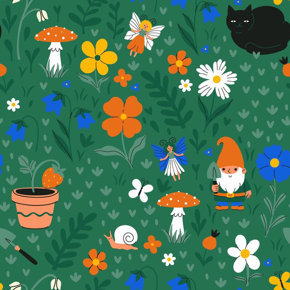 Seamless pattern of magical garden with fairies and flowers. graphics vector