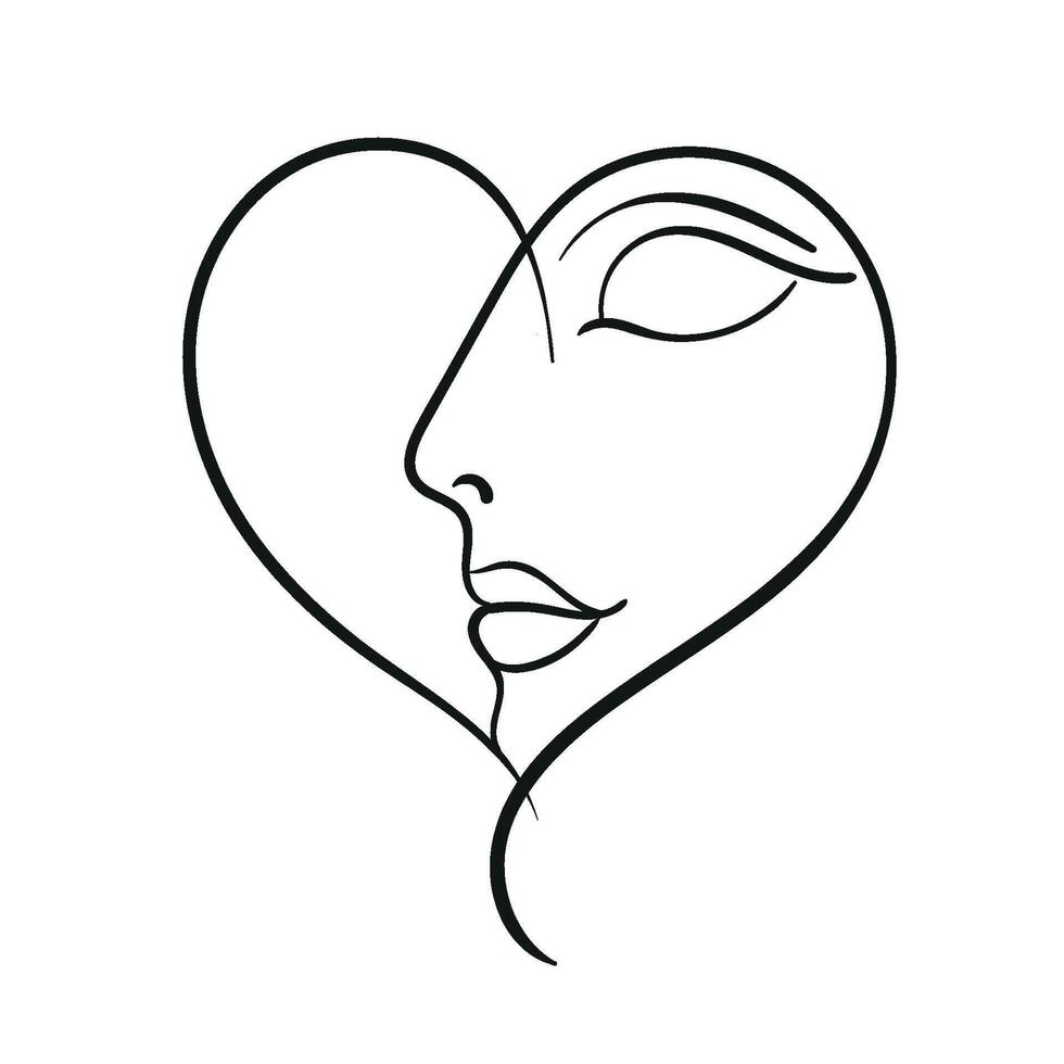 Line profile, fashion concept, minimalist print of a girl with a heart, illustration. Saint valentines day minimalistic drawing vector