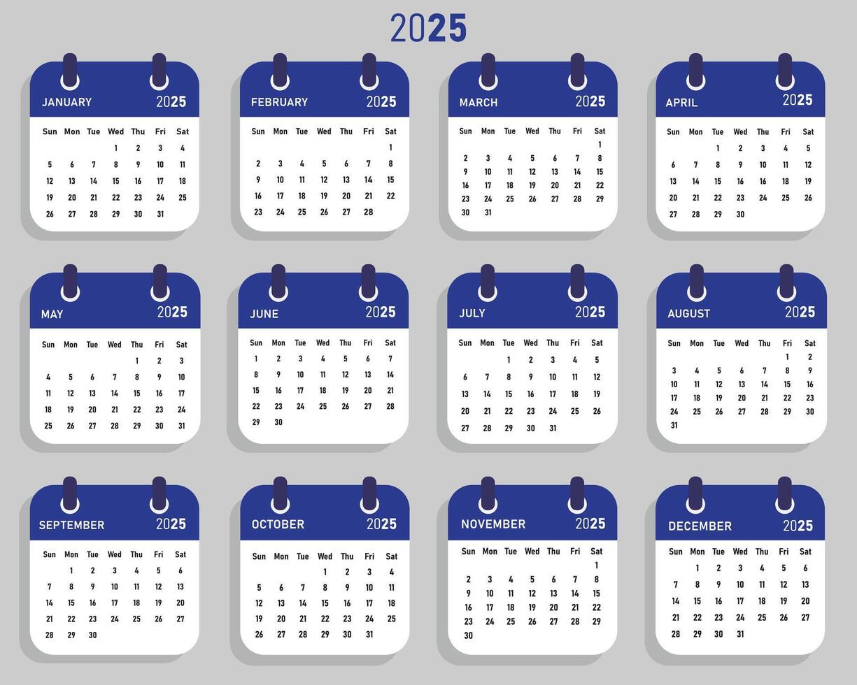Monthly calendar template for 2025 year. Wall and Desk calendar in a minimalist style. Week Starts on Sunday. vector