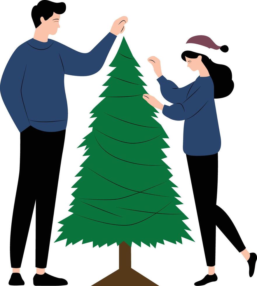 couple decorating a christmas tree vector