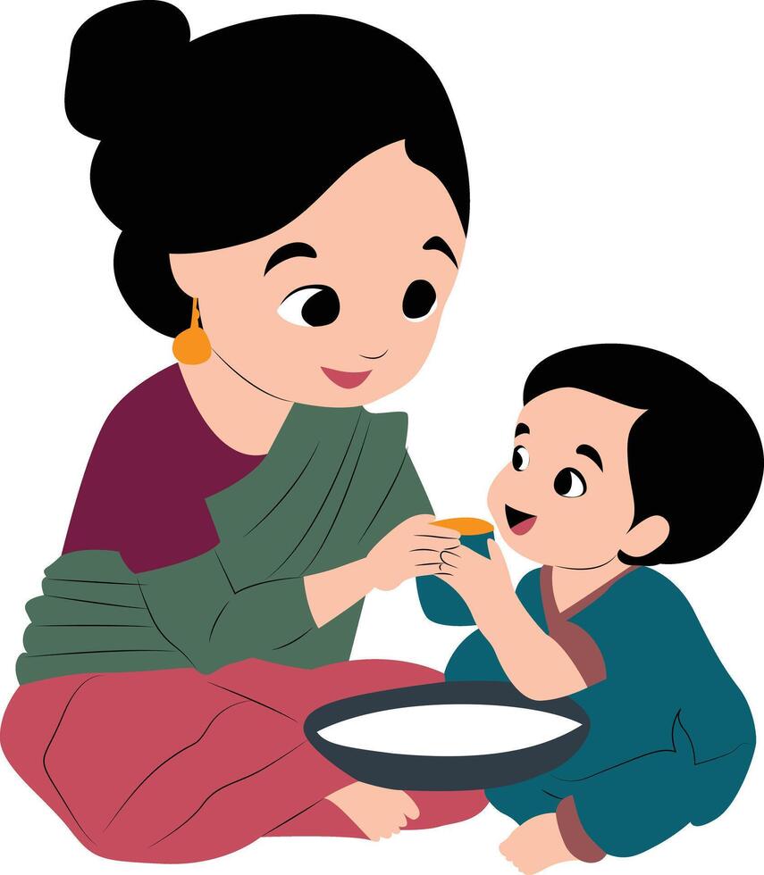 cute Indian Cartoon Mother Feeding Baby vector
