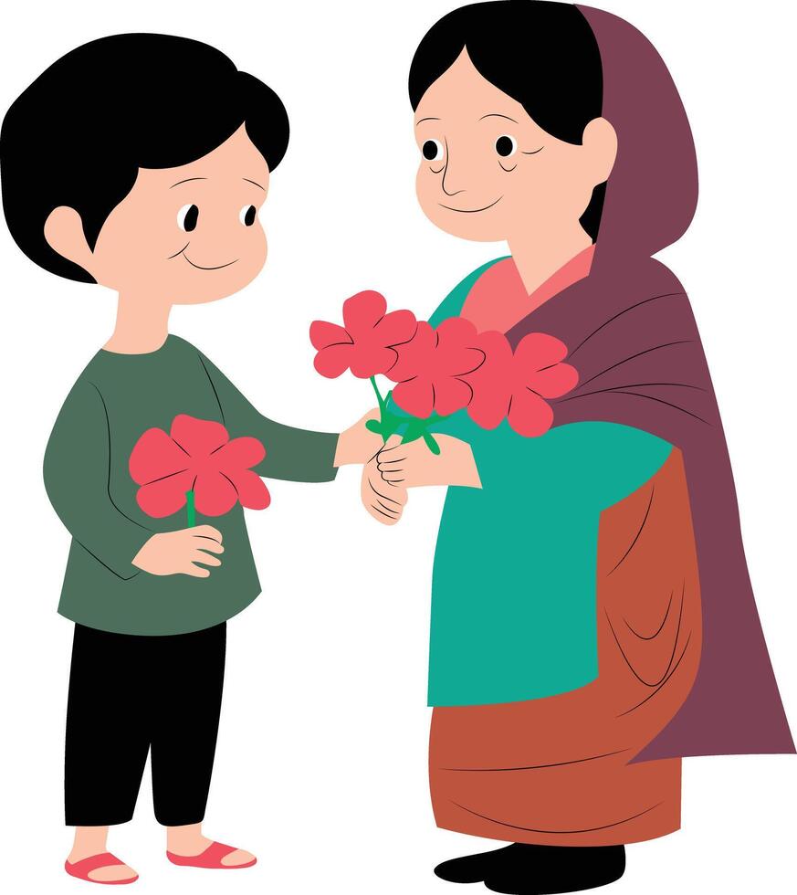 Cute Indian Son and Elderly Mother with Flowers vector