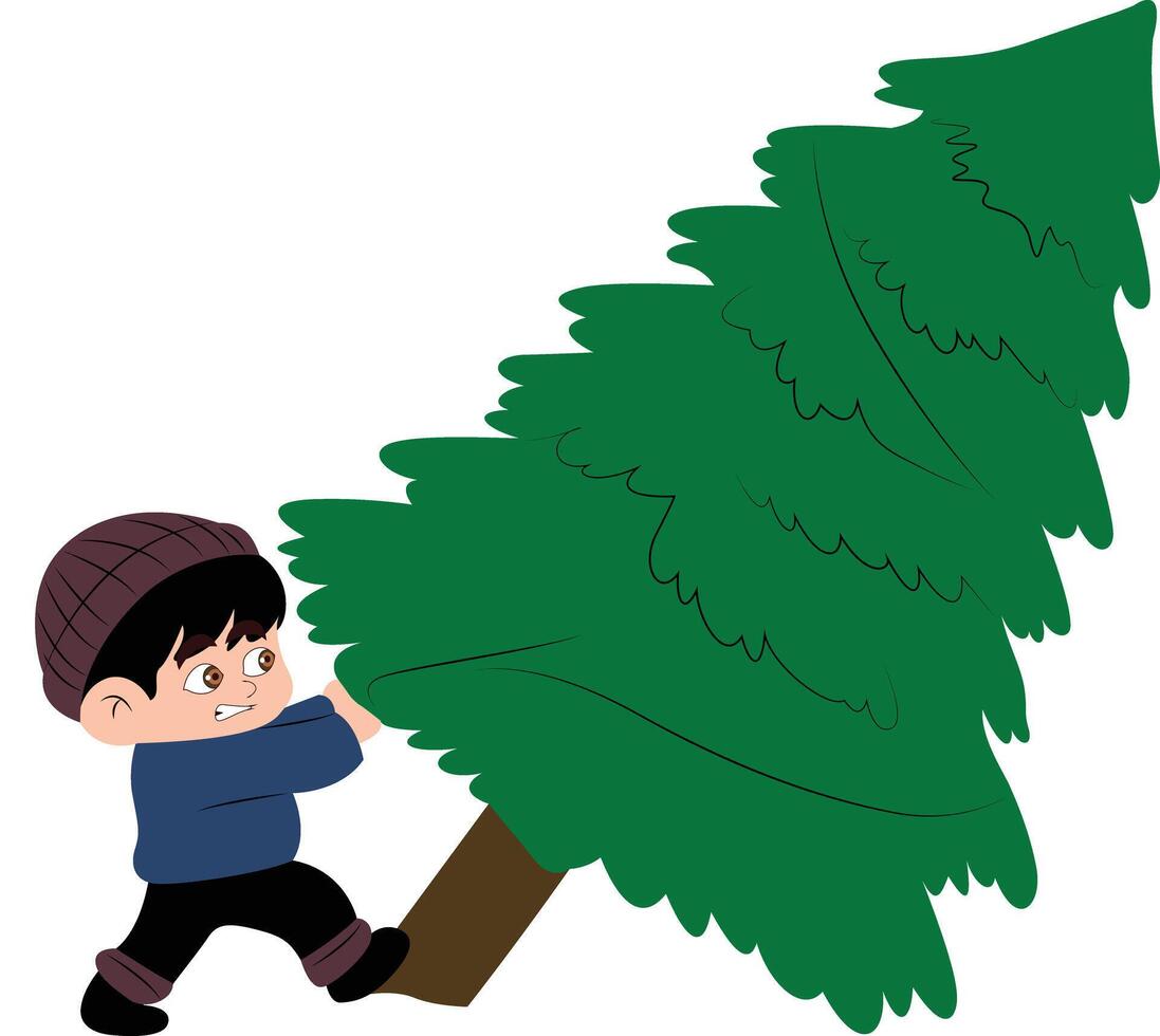 A boy is pulling down a Christmas tree on a snowy day vector