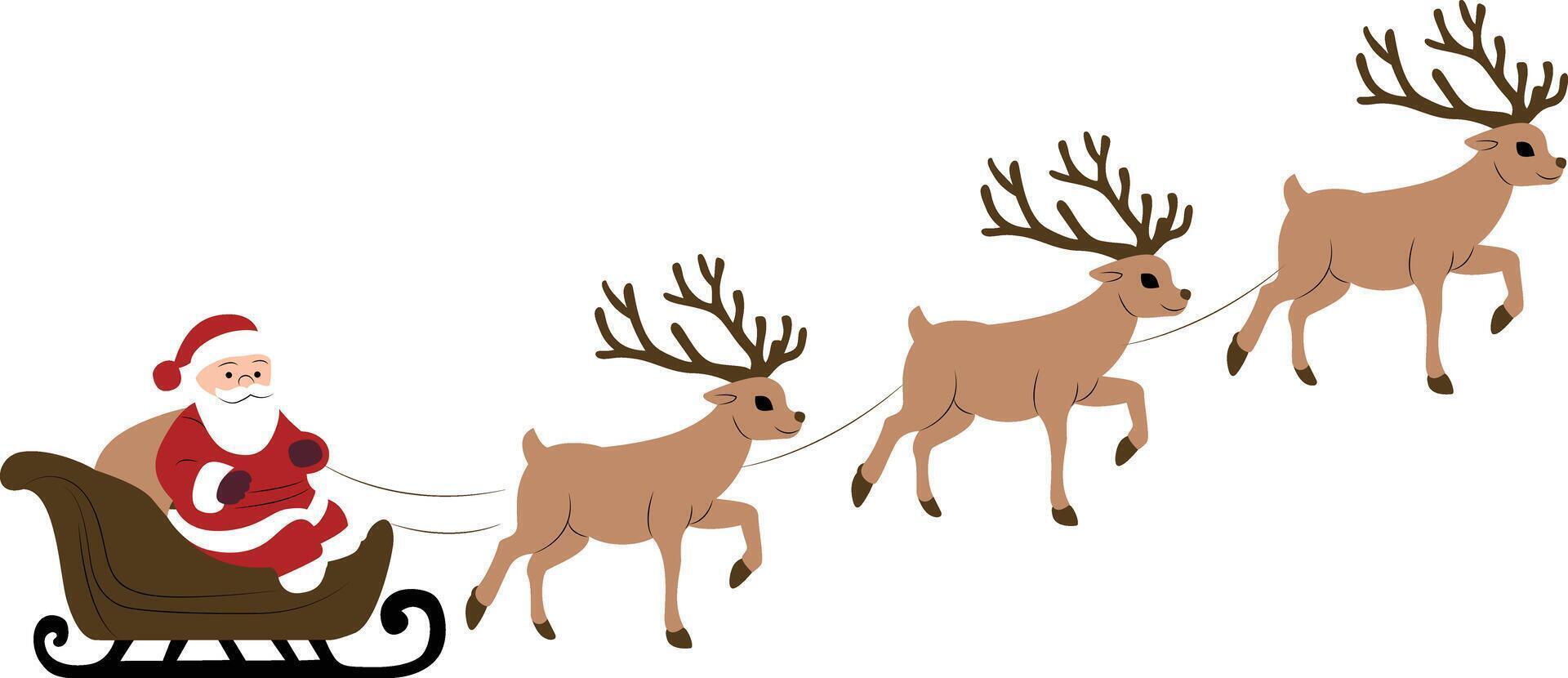 Three reindeer pull Santa's sleigh to the sky vector