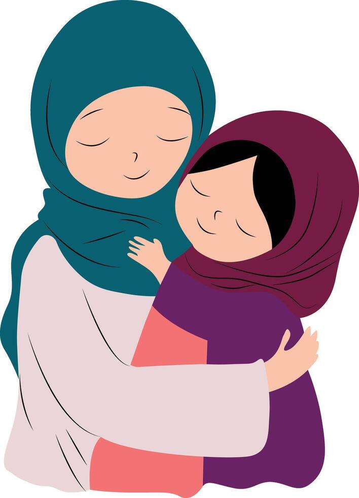 cute Islam Daughter Hugging Mother Drawing vector