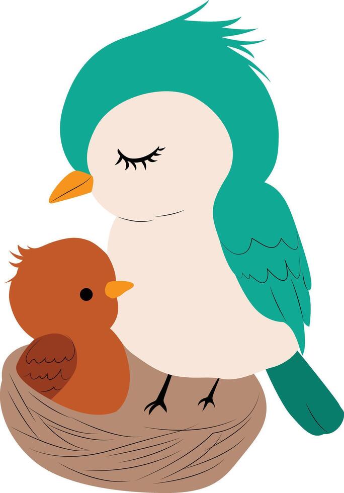 cute Cartoon mother bird with her baby in the nest vector