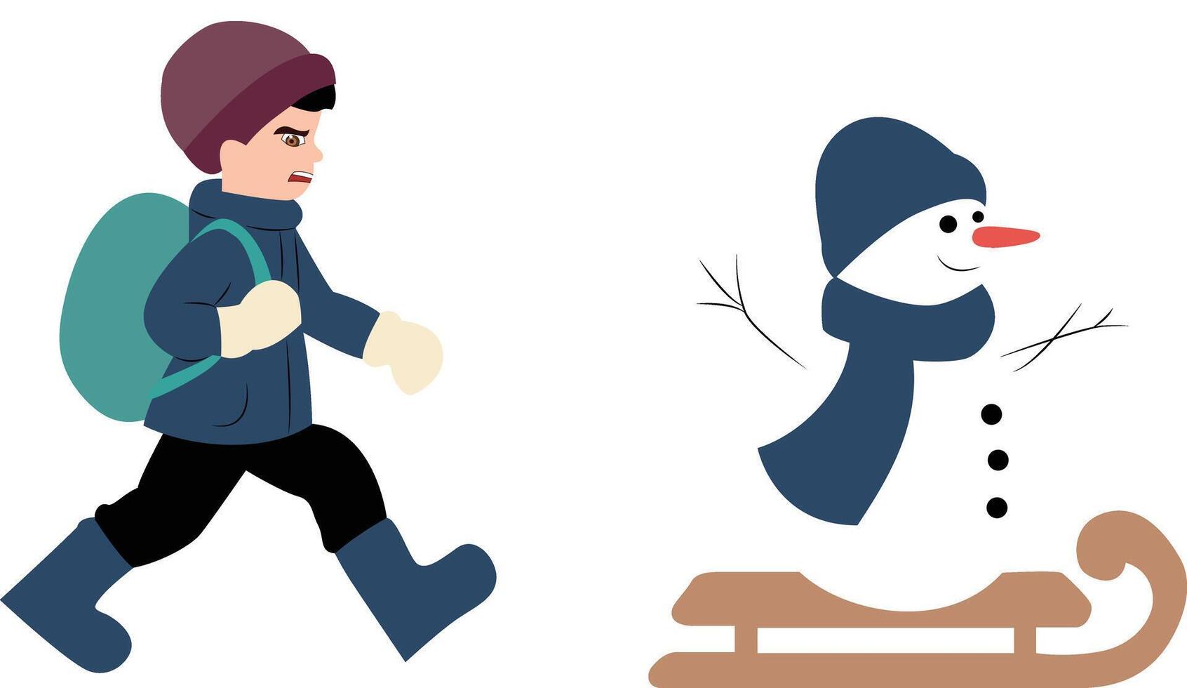 Child pulling a sled with a snowman in a snowy mountain landscape vector
