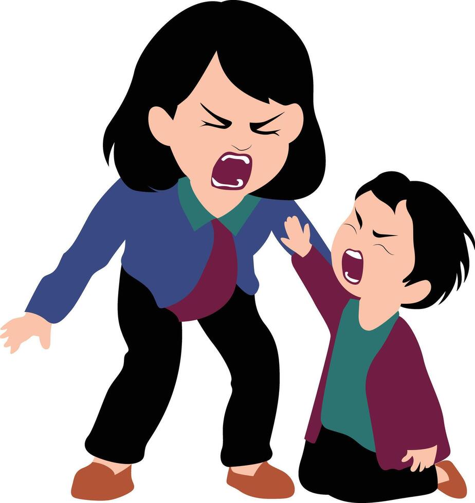 cute tantrum kid with stressed mother vector