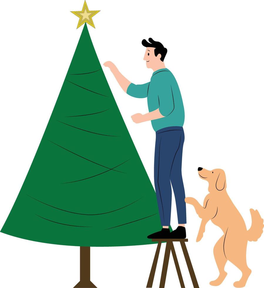 man and dog decorating a Christmas tree with lights and ornaments vector