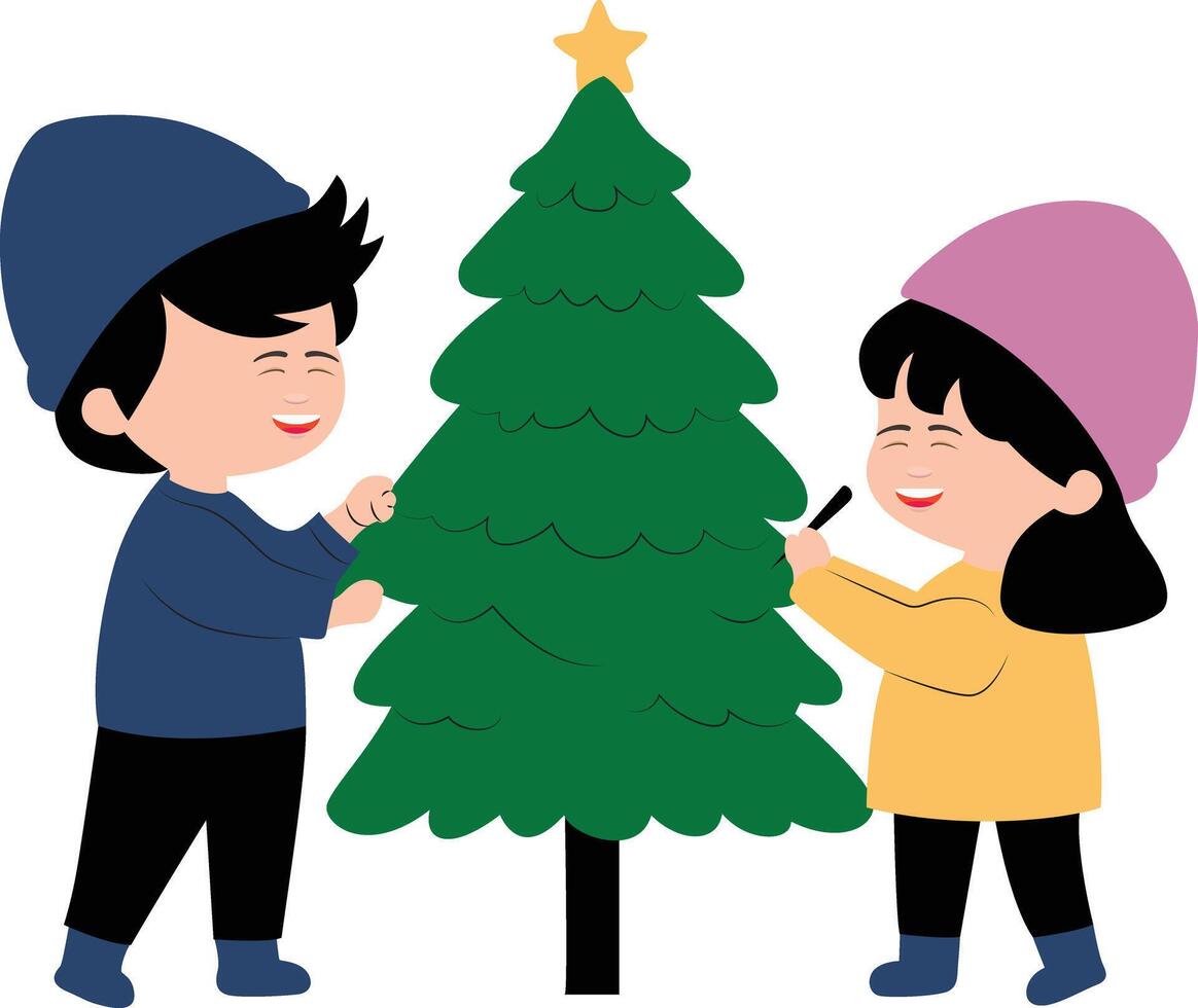 Two Little Kids Decorating a Christmas Tree vector